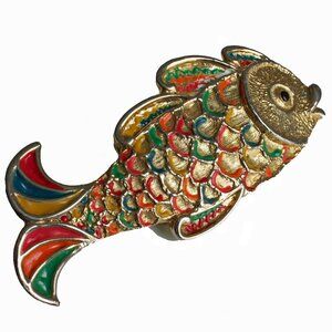 Mimi D In Koi Fish Belt Buckle Gold Metal Enamel Oversized Rare Vintage